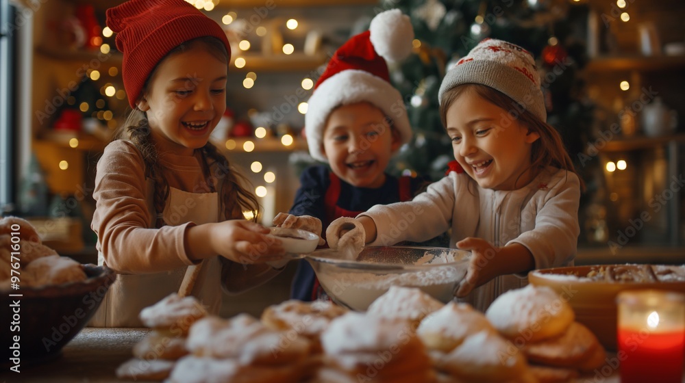 Three girls joyfully baking christmas cookies in a festive kitchen, wearing santa hats, making a mess with cookies, children creating cherished childhood new year memories Three girls joyfully baking christmas cookies in a festive kitchen, wearing santa hats, making a mess with cookies, children creating cherished childhood new year memories