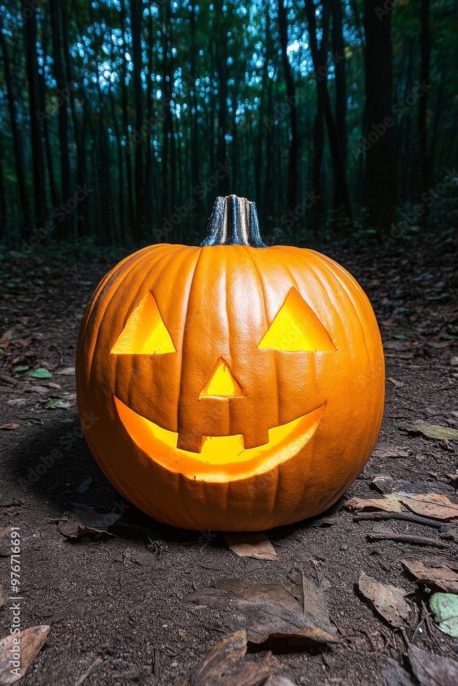 A glowing Halloween pumpkin with a cheerful face, surrounded by forest foliage, perfect for autumn festivities. A glowing Halloween pumpkin with a cheerful face, surrounded by forest foliage, perfect for autumn festivities.