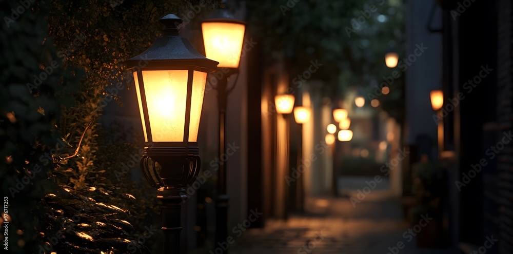 A Row of Streetlights in the Twilight A Row of Streetlights in the Twilight