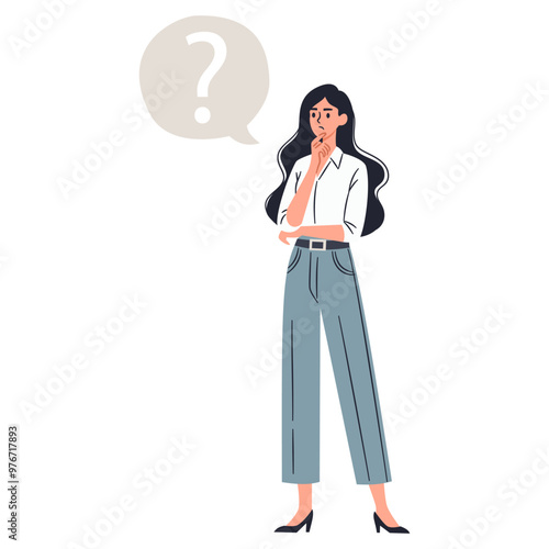 Flat vector illustration on white background. Woman in office clothes thinking about a problem, speech bubble and question mark. Vector illustration