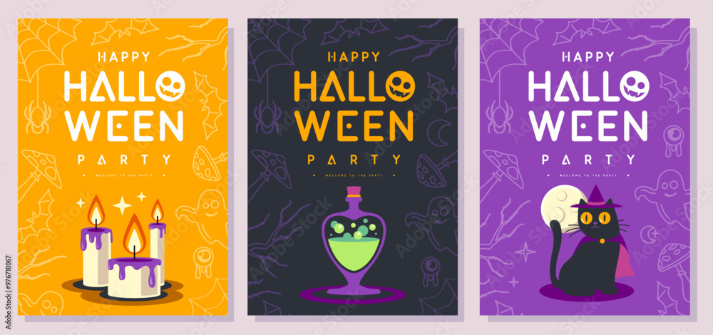 Fototapeta premium Set of flat Halloween party posters with halloween black cat, magic potion and burning candles. Halloween spooky background. Vector illustration