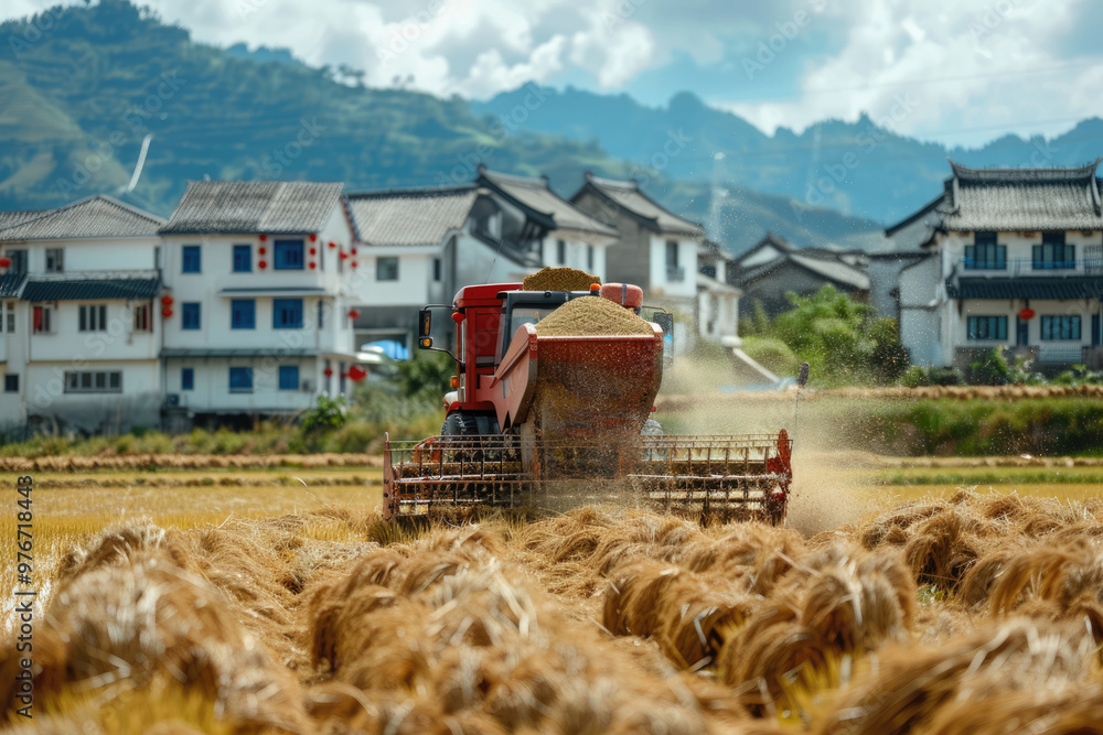 Naklejka premium During the harvest season, harvesters work in the fields