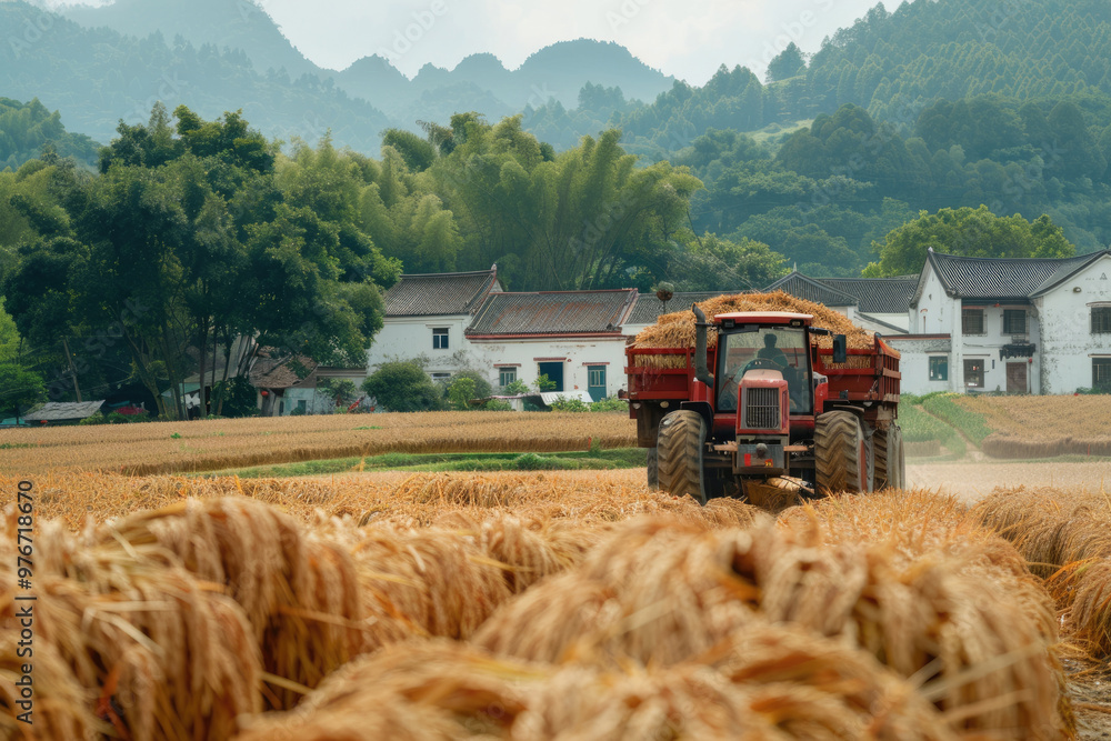 Naklejka premium During the harvest season, harvesters work in the fields