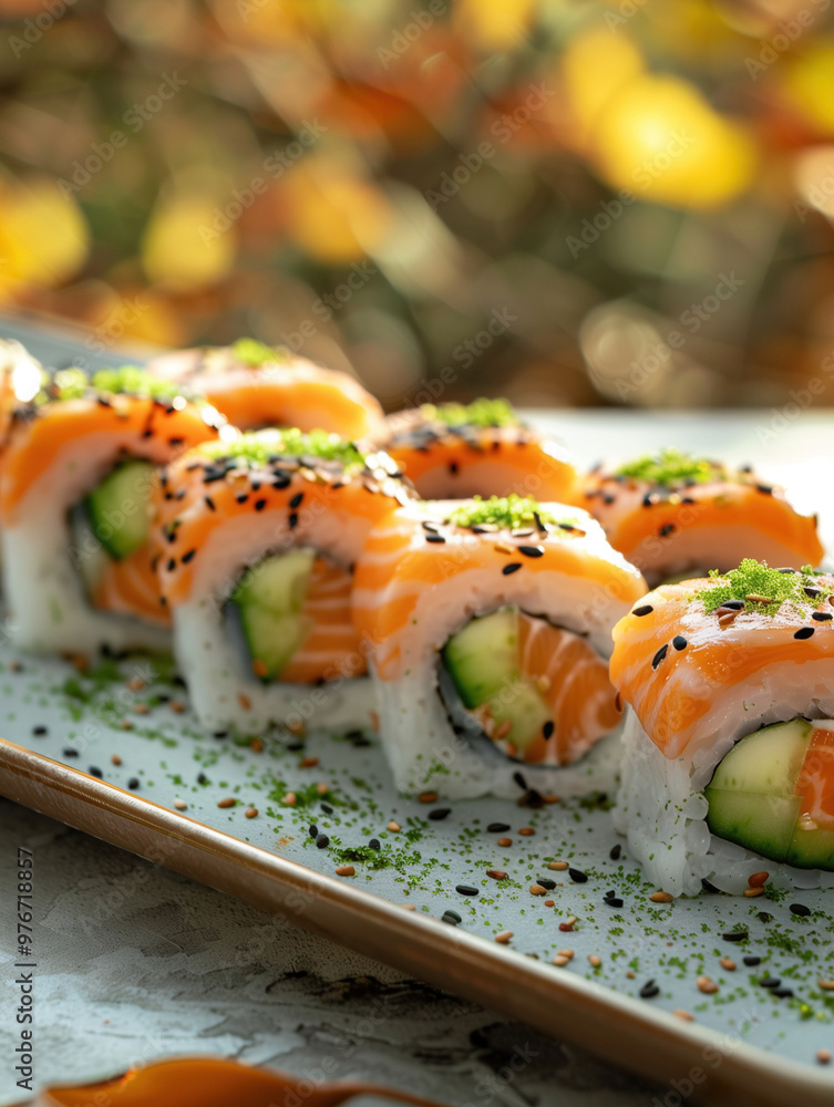 Japanese sushi Alaska Roll, Salmon avocado cucumber, light background detailed setting Japanese sushi Alaska Roll, Salmon avocado cucumber, light background detailed setting