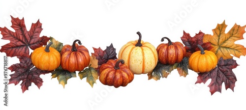Autumn Leaves and Pumpkins on White Background