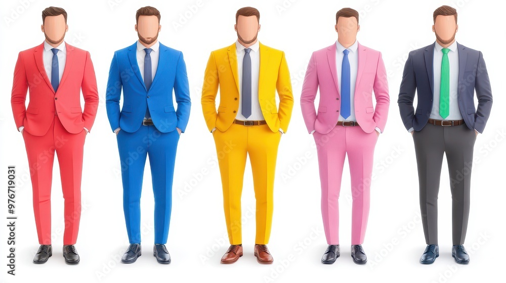 Five stylish men wearing colorful suits stand confidently in a row, showcasing modern fashion and vibrant styles. Five stylish men wearing colorful suits stand confidently in a row, showcasing modern fashion and vibrant styles.