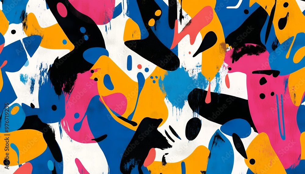 Abstract digital art with vibrant colors like blue, yellow, pink, black, and white. Abstract digital art with vibrant colors like blue, yellow, pink, black, and white.