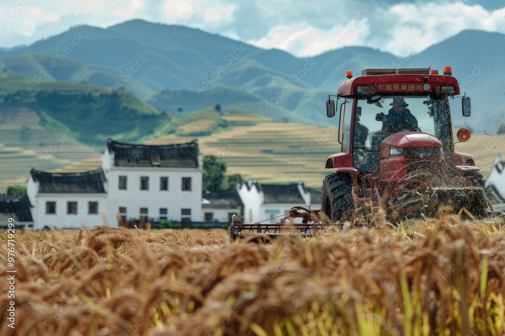 Naklejka premium During the harvest season, harvesters work in the fields