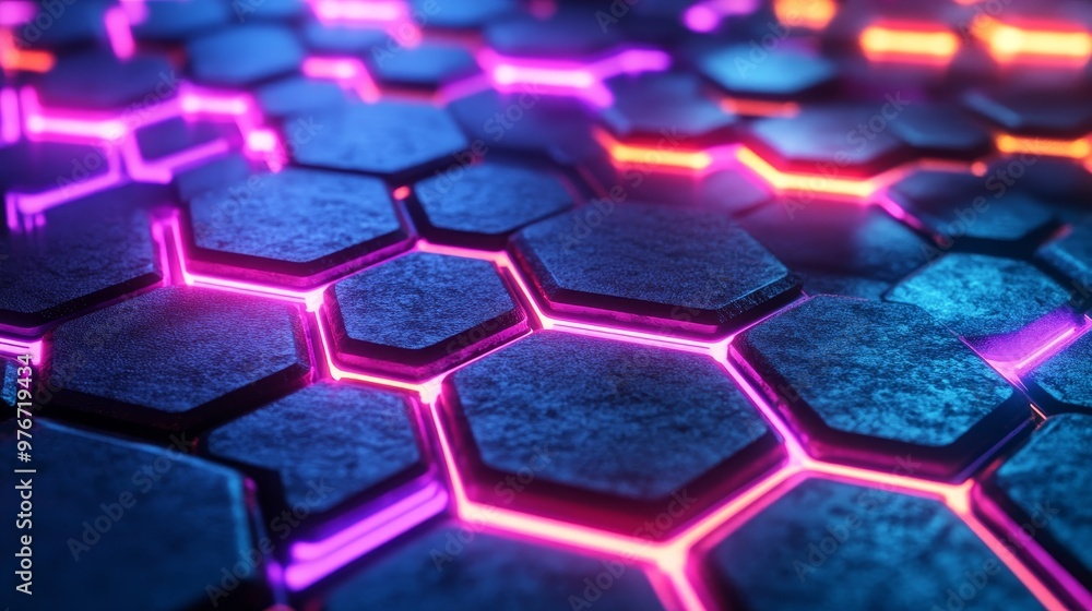 3D hexagons with glowing edges, neon purple and blue, cyberpunk theme, sleek and polished 3D hexagons with glowing edges, neon purple and blue, cyberpunk theme, sleek and polished