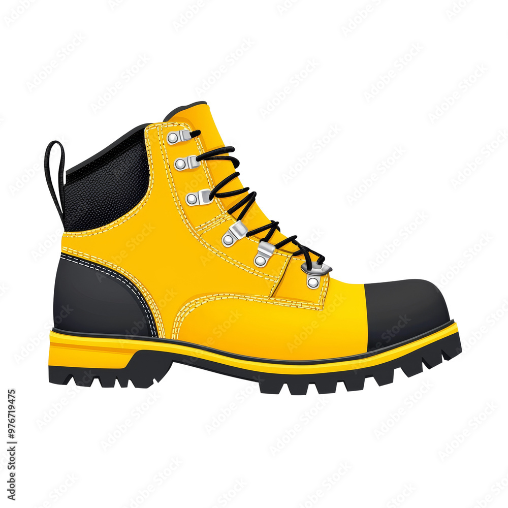 Bright yellow safety work boot with black accents, side view Bright yellow safety work boot with black accents, side view