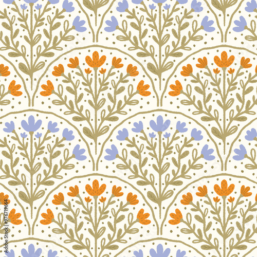 Geometrical pattern in art deco style with abstract small wildflowers. Scallop pattern illustration. Elegant design.