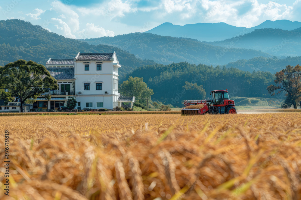 Naklejka premium During the harvest season, harvesters work in the fields