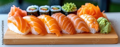 Wallpaper Mural Fresh sushi platter featuring various types of sushi and vibrant ingredients on a wooden board, perfect for food enthusiasts. Torontodigital.ca