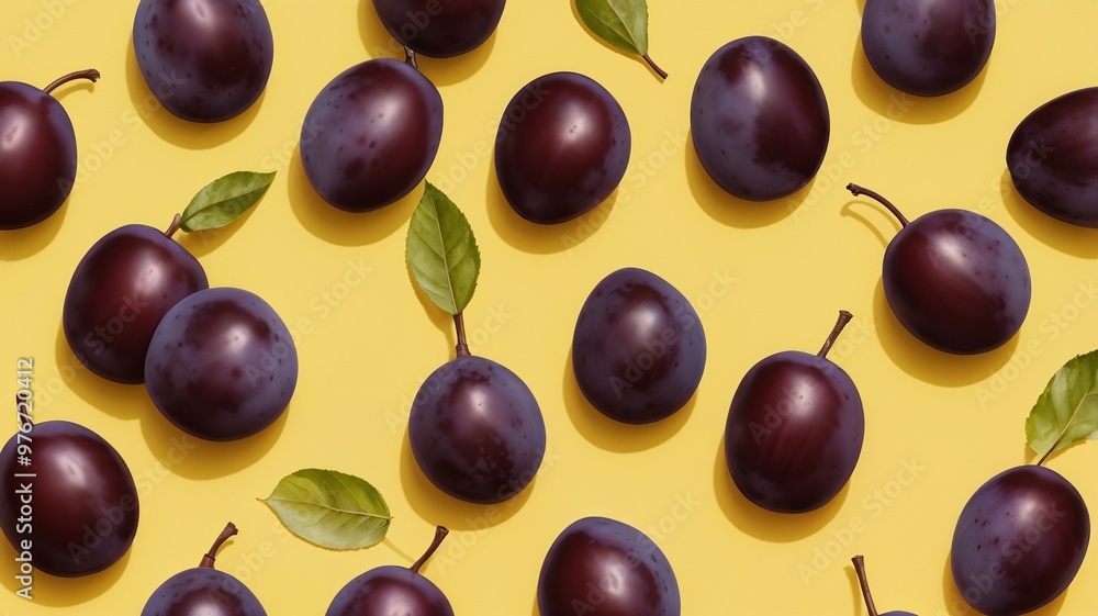 ripe plum on a yellow background beautifully detailed with small leaves ripe plum on a yellow background beautifully detailed with small leaves