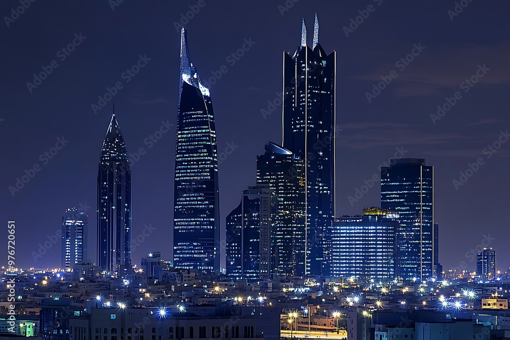 Night view of Riyadh’s illuminated skyscrapers, modern architecture, and glowing towers highlighting the city's rapid urban growth and development. Night view of Riyadh’s illuminated skyscrapers, modern architecture, and glowing towers highlighting the city's rapid urban growth and development.
