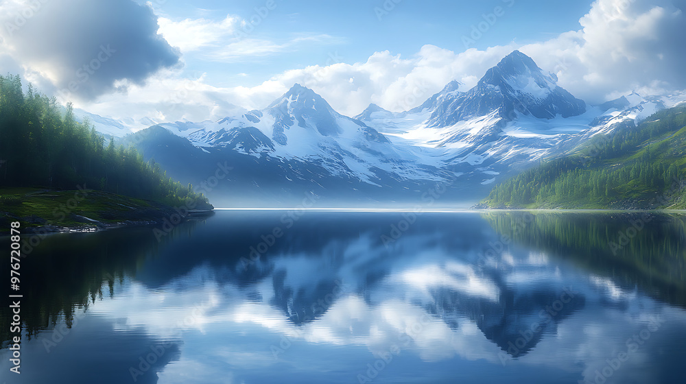 Quiet mountain lake reflecting peaceful mountain scenery Quiet mountain lake reflecting peaceful mountain scenery