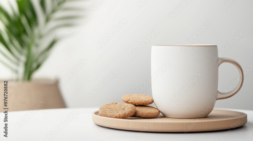 A cozy moment with a warm cup and freshly baked cookies on a wooden tray in a bright, minimalist kitchen setting. A cozy moment with a warm cup and freshly baked cookies on a wooden tray in a bright, minimalist kitchen setting.