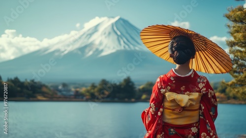 Asian woman wearing japanese traditional kimono at Fuji mountain, Kawaguchiko lake in Japan.