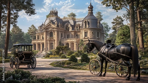 Elegant Estate with Majestic Architecture and Exotic Garden: Perfect Poster for Sporting Interiors Featuring a Polished Black Horse by a Stylish Carriage