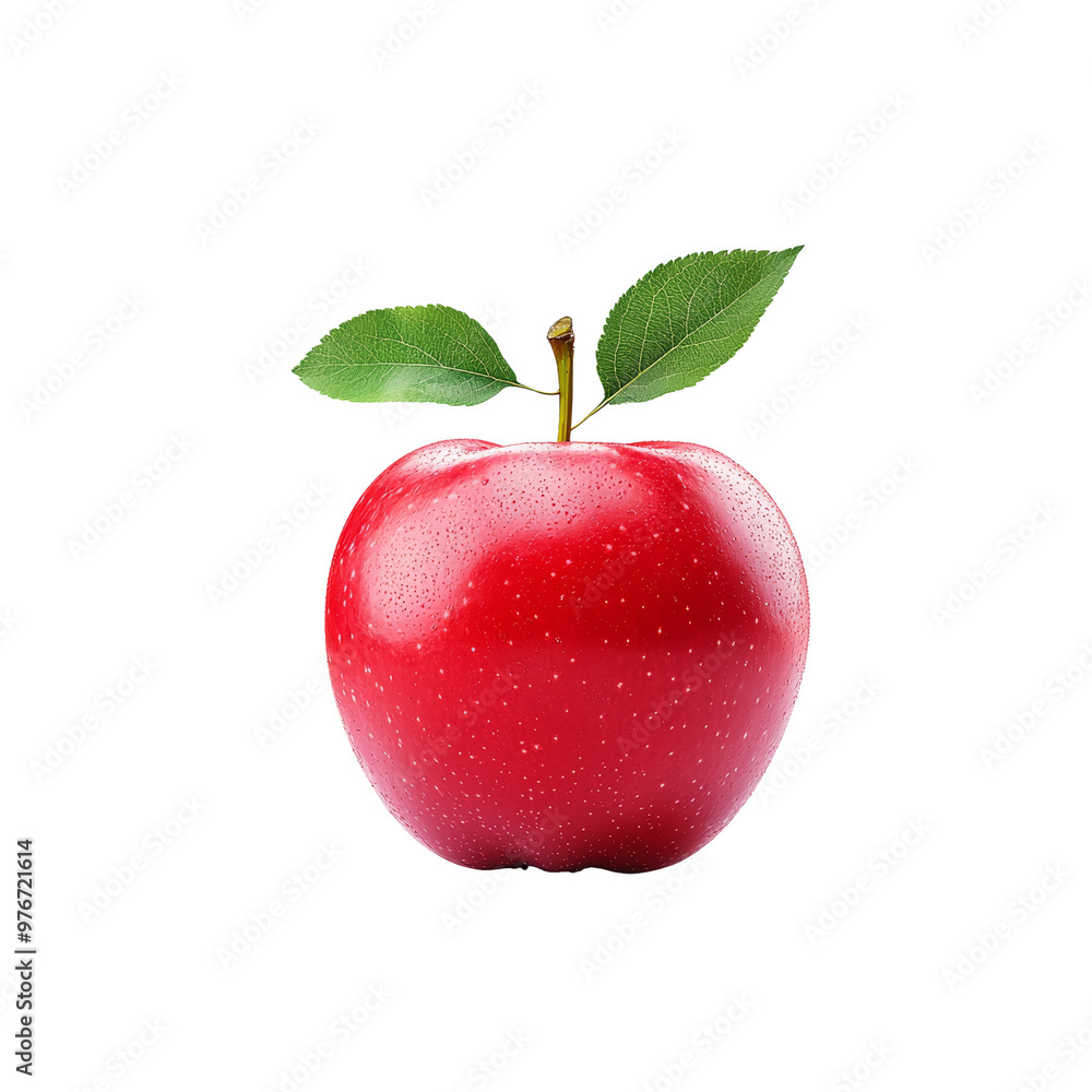 Bright red apple with green leaves on a white background Bright red apple with green leaves on a white background