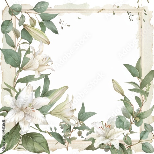 Vintage Writing Paper with White Lilies and Eucalyptus Leaves, Perfect for Stationery Design Generative AI