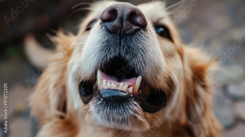 Close Up of a Golden Retriever s Open Mouth  Showing Teeth and Pink Tongue photo