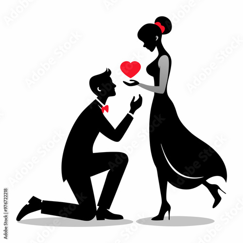 Silhouette of a man kneeling while proposing to a woman, holding a ring box, with a heart symbol above them, both in formal attire. The woman is in a flowing dress, The Wedding Proposal Silhouette.