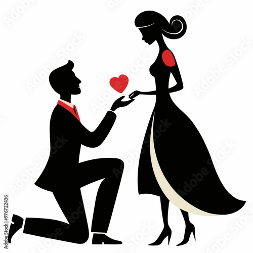 Silhouette of a man kneeling while proposing to a woman, holding a ring box, with a heart symbol above them, both in formal attire. The woman is in a flowing dress, The Wedding Proposal Silhouette.