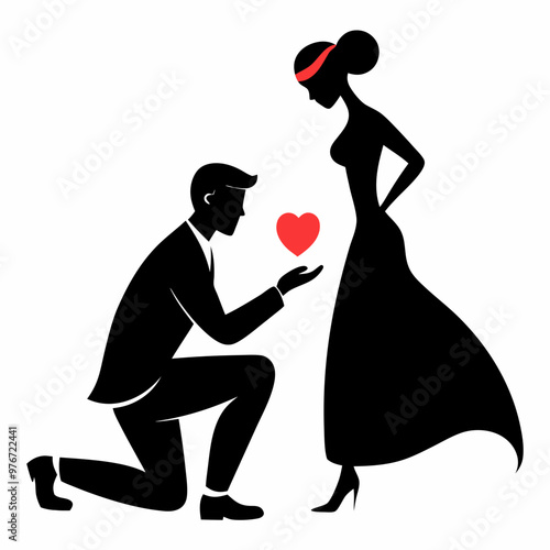 Silhouette of a man kneeling while proposing to a woman, holding a ring box, with a heart symbol above them, both in formal attire. The woman is in a flowing dress, The Wedding Proposal Silhouette.