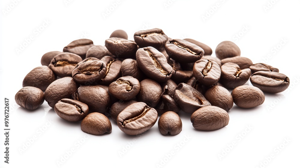 A white cup and coffee beans rest on a blue background, celebrating A white cup and coffee beans rest on a blue background, celebrating
