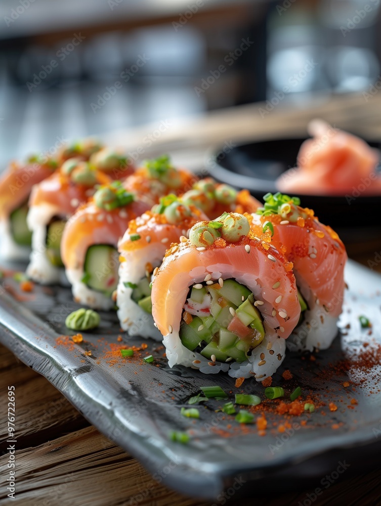 Cherry Blossom Roll with salmon, avocado, and cucumber wrapped in rice and nori on a rustic wooden background Cherry Blossom Roll with salmon, avocado, and cucumber wrapped in rice and nori on a rustic wooden background