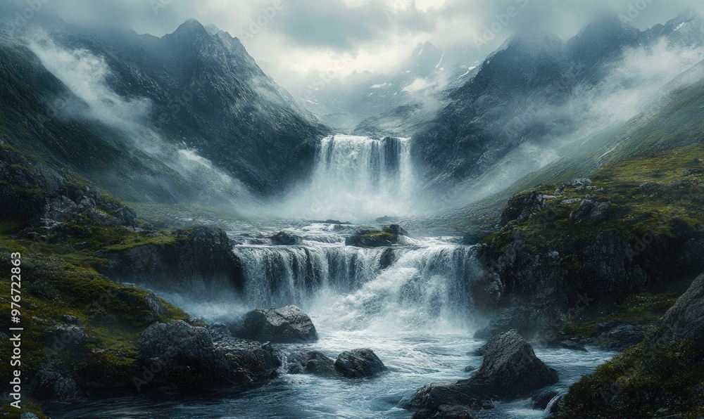 Majestic waterfall cascading down a mountainside with mist and clouds in the background. Majestic waterfall cascading down a mountainside with mist and clouds in the background.