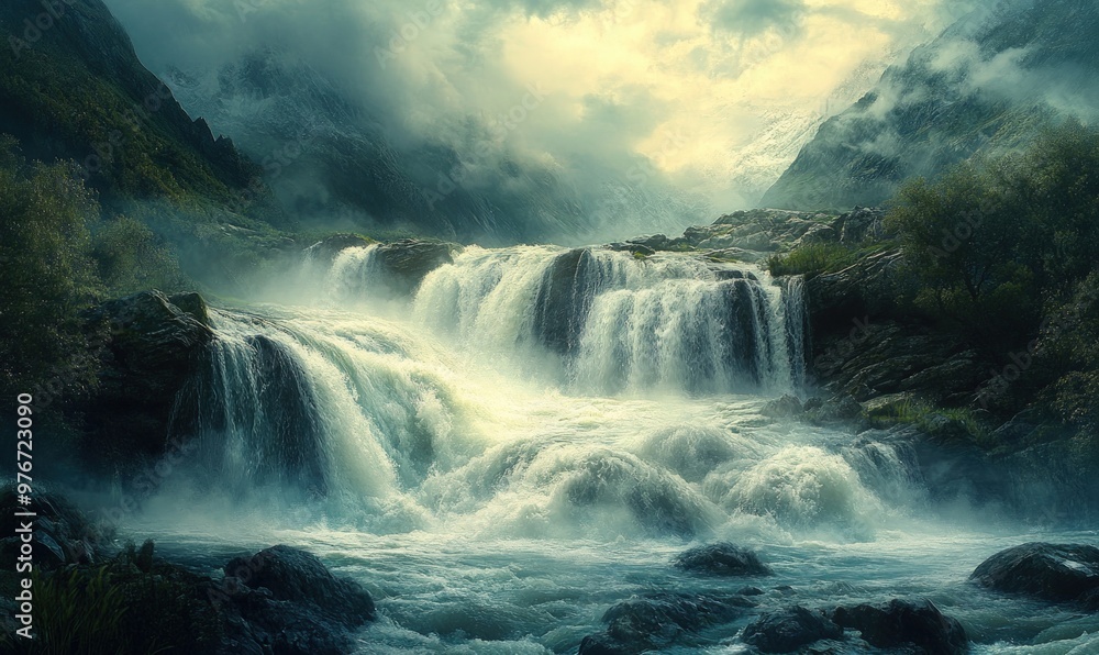 Majestic waterfall cascading down rocky cliffs in a misty mountain valley. Majestic waterfall cascading down rocky cliffs in a misty mountain valley.