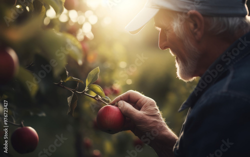 Senior Man Picking Ripe Red Apples in Orchard at Sunset photo