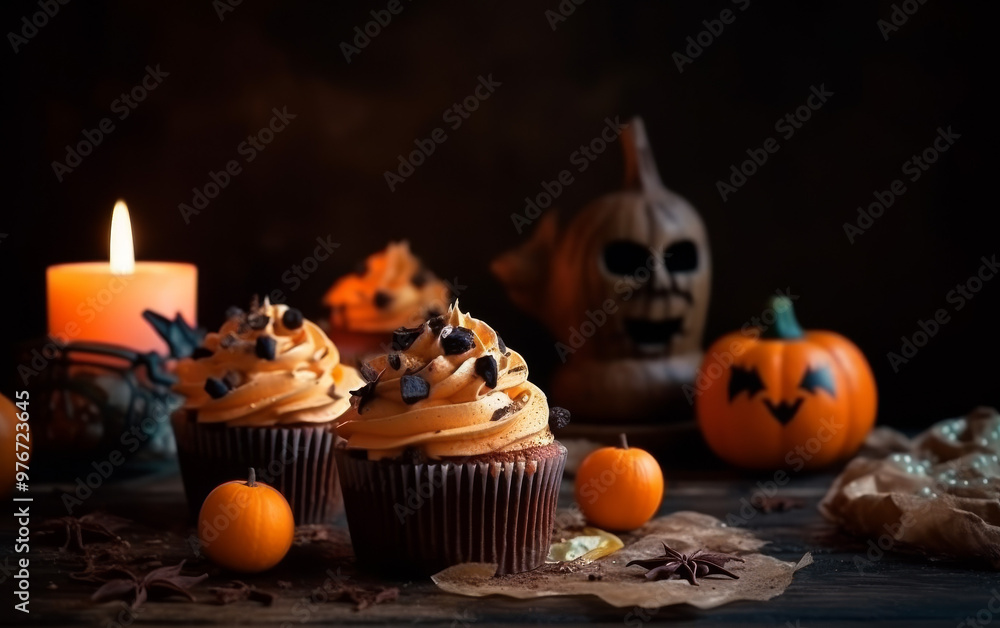 Halloween Cupcakes with Pumpkins and Candle Halloween Cupcakes with Pumpkins and Candle