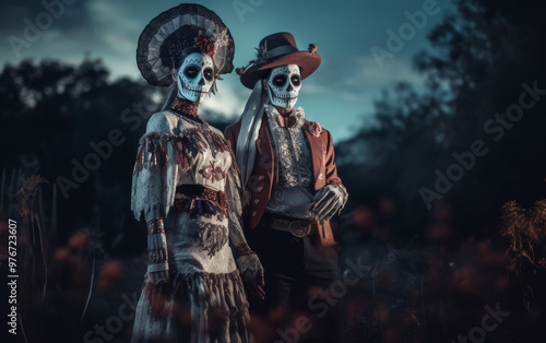 Day of the Dead Couple in Traditional Costumes