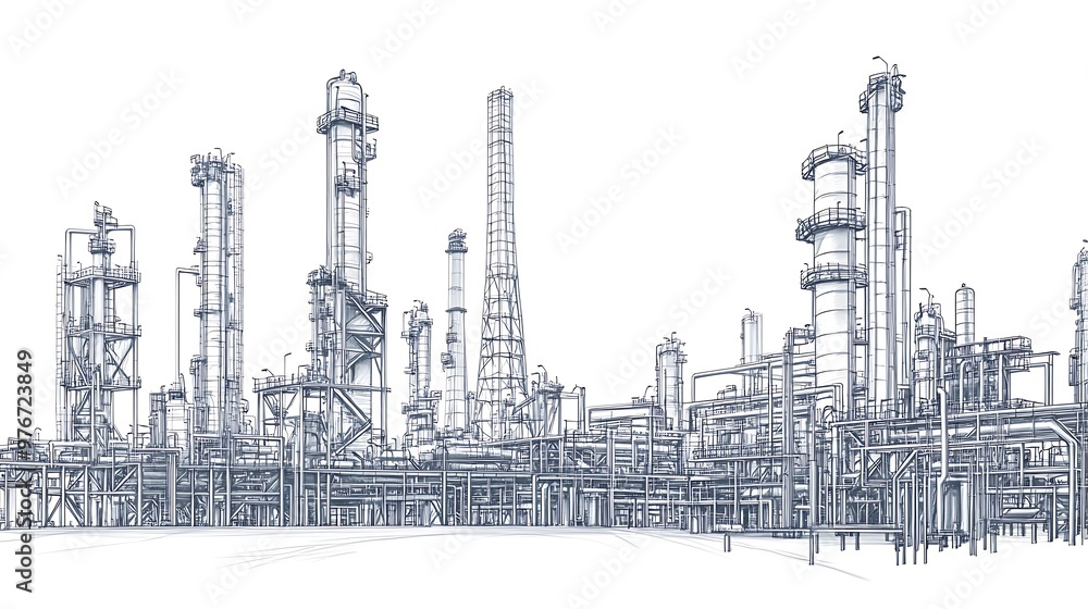 A Sketch of a Large Industrial Refinery with Tall Towers A Sketch of a Large Industrial Refinery with Tall Towers