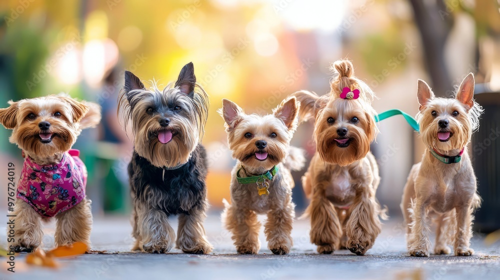 Adorable Yorkshire Terriers Walking in a Row Adorable Yorkshire Terriers Walking in a Row