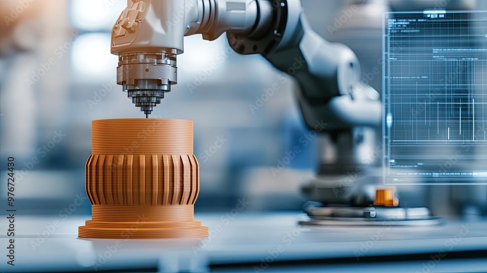 A robotic arm precisely fabricates an orange component in a modern manufacturing facility, showcasing automation and technology. A robotic arm precisely fabricates an orange component in a modern manufacturing facility, showcasing automation and technology.
