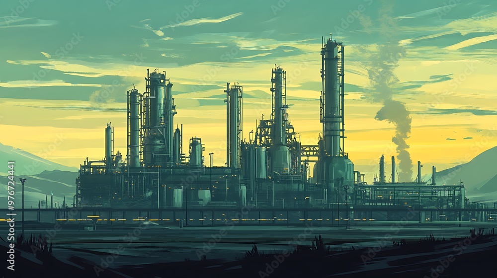 Industrial Complex at Sunset with Smoke and Mountains in the Background Industrial Complex at Sunset with Smoke and Mountains in the Background