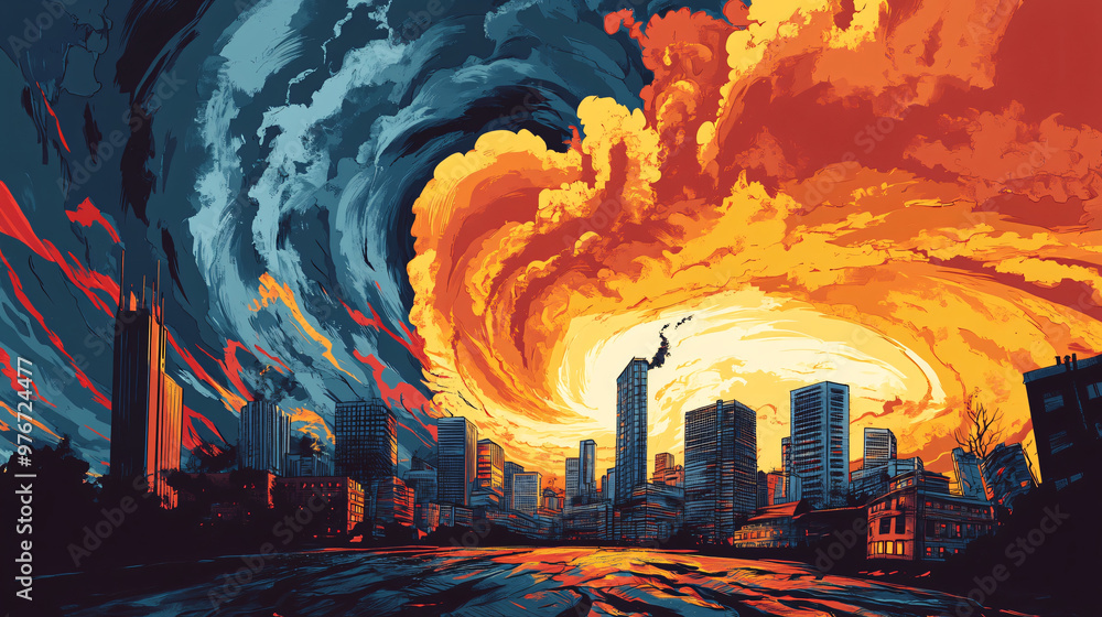 Obraz premium An illustration of extreme weather patterns caused by climate change with intense storms and heatwaves.