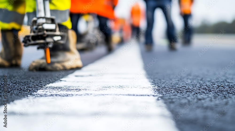 custom made wallpaper toronto digitalClose-up of a freshly painted white line on an asphalt road, with blurry figures of workers in the background.
