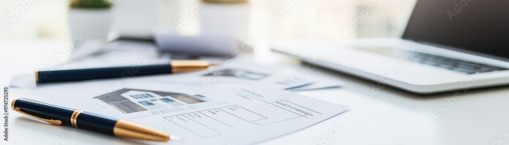 A modern workspace setup featuring a laptop, documents, and stationery, ideal for business or freelance creativity. A modern workspace setup featuring a laptop, documents, and stationery, ideal for business or freelance creativity.