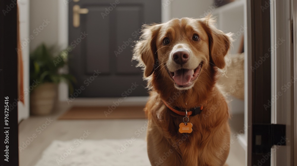 Golden Retriever Dog Looking At Camera In Home Entryway Golden Retriever Dog Looking At Camera In Home Entryway