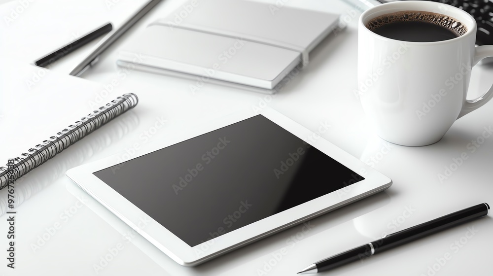 Stylish workspace with tablet, notebook, and coffee cup. Perfect for modern office or creative settings. Stylish workspace with tablet, notebook, and coffee cup. Perfect for modern office or creative settings.