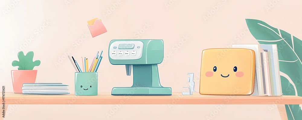 A cheerful office desk setup featuring a sewing machine, plant, cute stationery holder, and smiling toast design. Perfect for creatives. A cheerful office desk setup featuring a sewing machine, plant, cute stationery holder, and smiling toast design. Perfect for creatives.