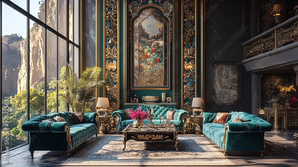 Obraz premium Luxurious Teal Sofa Interior with Stunning Cliff Views: Perfect Wall Art or Poster for Sporty and Elegant Spaces