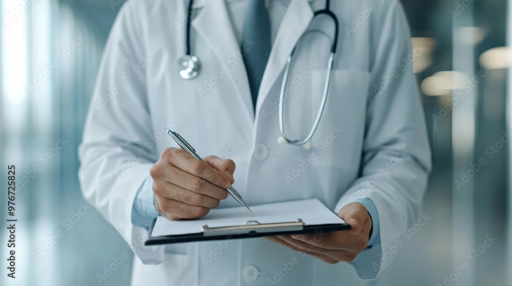 Doctor writing notes on a clipboard during a physical exam, health record, medical checkup documentation captured with Canon EOS 5D Mark IV with 35mm lens, F16 Doctor writing notes on a clipboard during a physical exam, health record, medical checkup documentation captured with Canon EOS 5D Mark IV with 35mm lens, F16