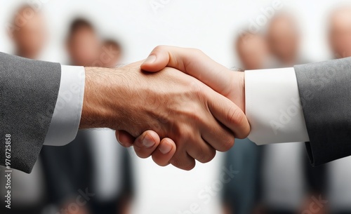 Close-up of two businesspeople shaking hands in agreement, with a blurred group in the background, symbolizing teamwork and partnership.