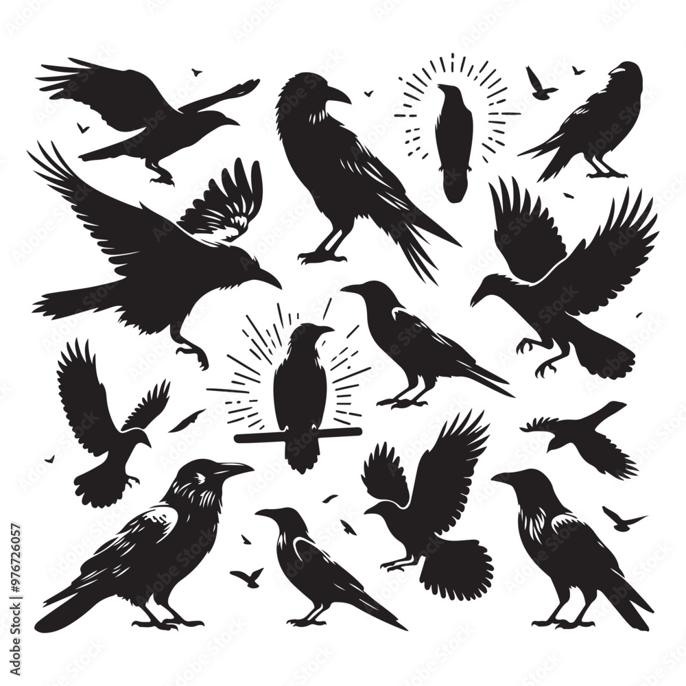 Obraz premium Set of crow silhouette vector on a white background